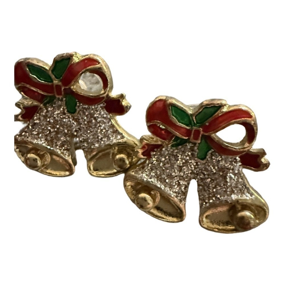 Vintage Christmas Bell Stud Rhinestone Bow Earrings Holiday Gold Retro Timeless